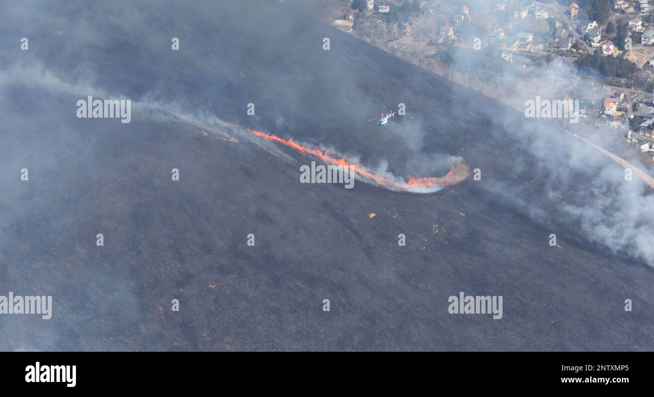 An aerial photo shows Mt. Omuro being burnt down entirely and emitting a cloud of smoke in Izu Peninsula, Ito city, Shizuoka Prefecture on Feb. 17, 2019. Yamayaki, a mountain burning is held annually in February to get rid of bugs to cultivate good Japanese torreya and many tourists gather and take photo. The 580-meter-high volcanic mountain's face has changed for the arrival of spring in about 20 minutes. ( The Yomiuri Shimbun via AP Images ) Stockfoto
