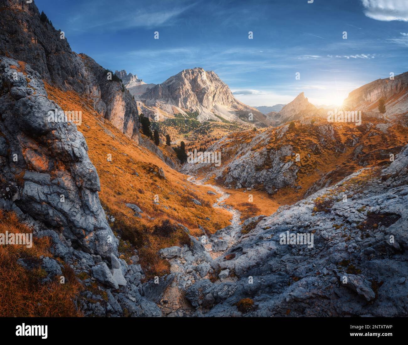 Schöner Bergweg, Felsen und Steine, Orangenbäume bei Sonnenuntergang Stockfoto