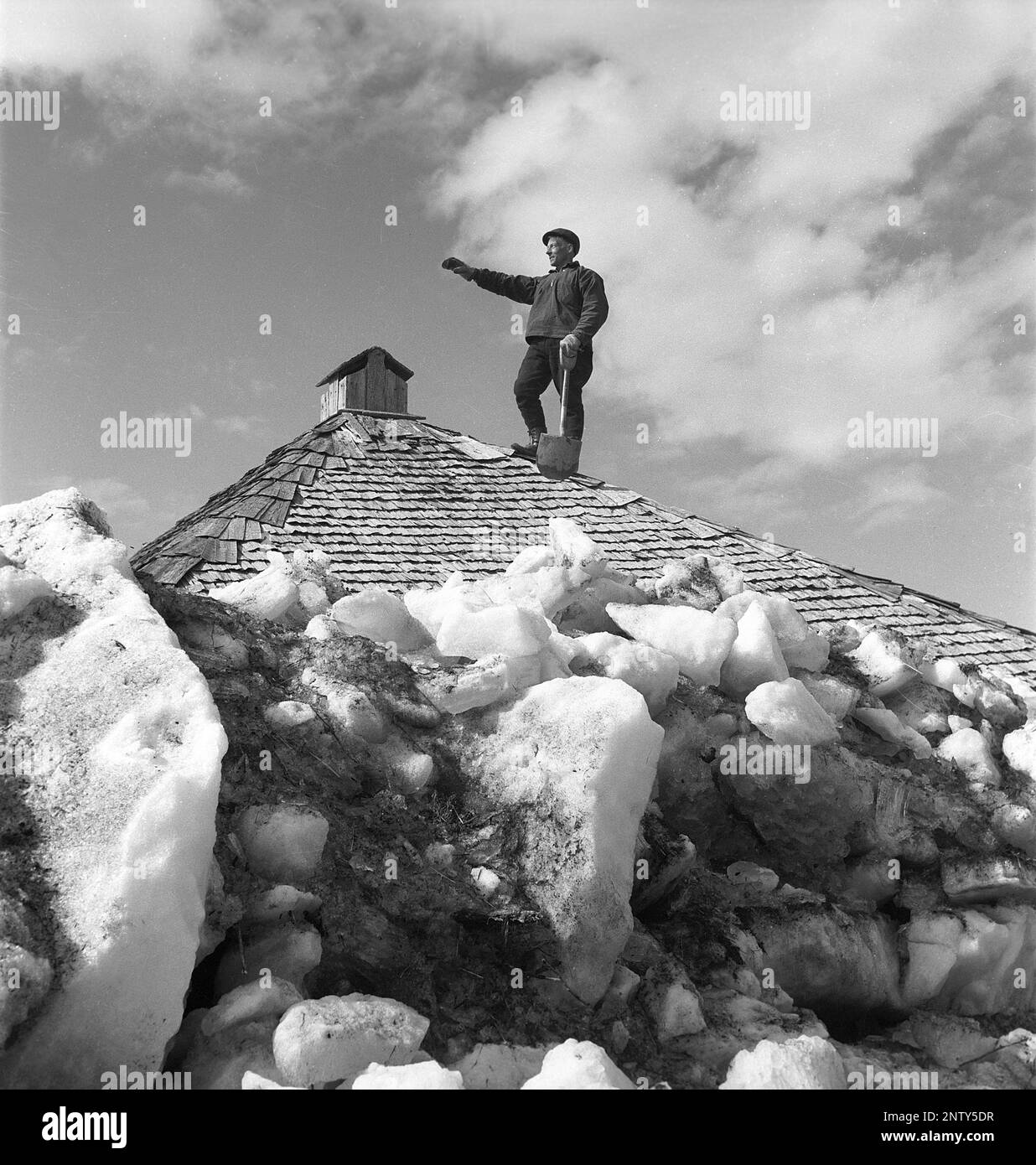 Naturkatastrophe in den 1940er Jahren. Im Frühsommer, den 20-23. Mai 1944, überflutete das Wasser im Fluss Torne älv aufgrund einer Eismasse, die das Wasser 3,5 Meter höher als normal dämpfte. Die Konsequenzen waren schwerwiegend. Auf dem umliegenden Gelände wurden Meter Eis zurückgelassen, als das Wasser ablief und die Bauernhäuser und die Felder zerstörte. Ein Mann auf dem Dach eines Bauernhauses, bedeckt mit Eismassen in der Nähe des Dorfes Korpikylä bei Skogskärr Kristoffersson, Ref. H133-1 Stockfoto