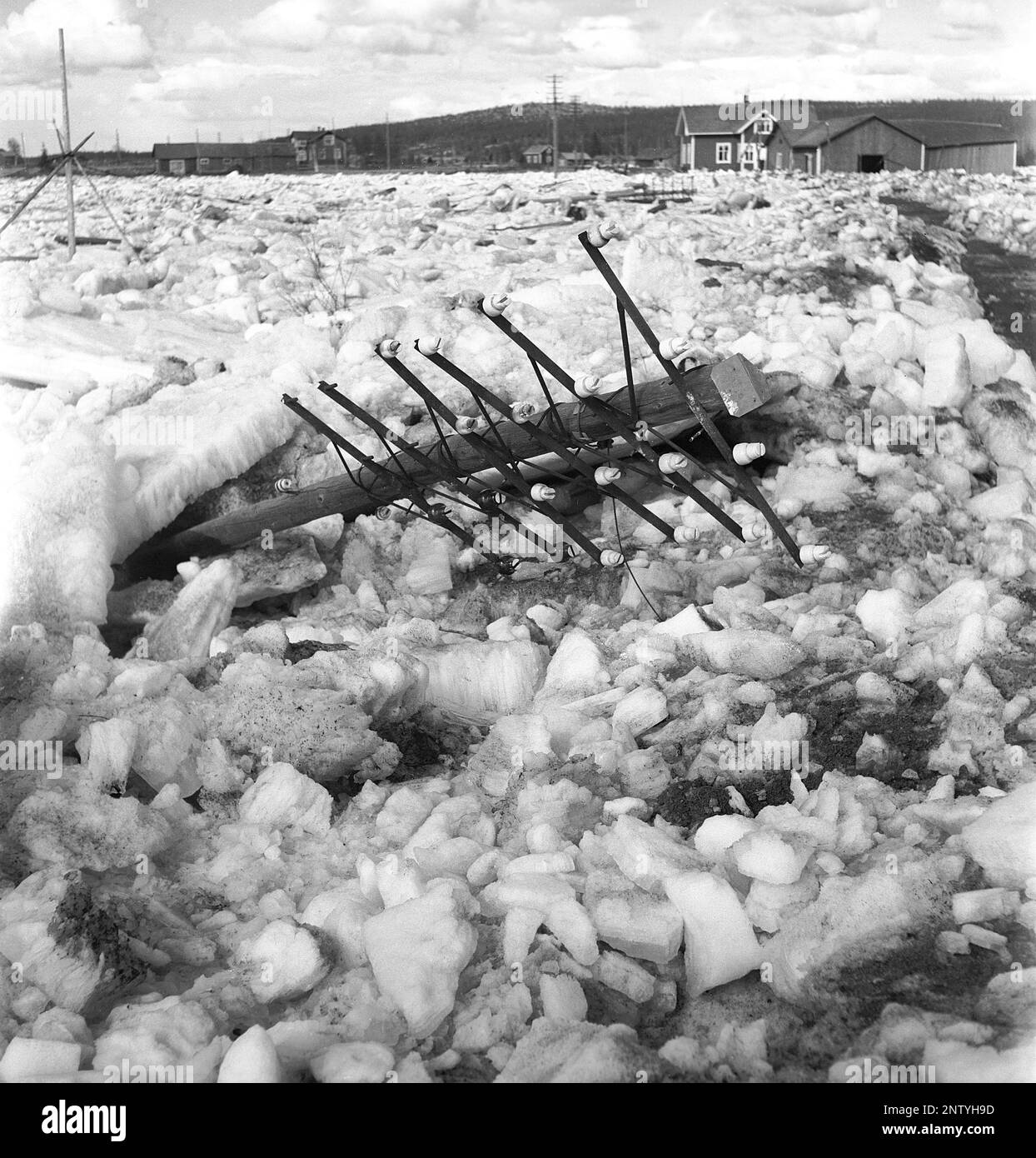 Naturkatastrophe in den 1940er Jahren. Im Frühsommer, den 20-23. Mai 1944, überflutete das Wasser im Fluss Torne älv aufgrund einer Eismasse, die das Wasser 3,5 Meter höher als normal dämpfte. Die Konsequenzen waren schwerwiegend. Auf dem umliegenden Gelände wurden Meter Eis zurückgelassen, als das Wasser ablief und die Bauernhäuser und die Felder zerstörte. Das Dorf Korpikylä in der Nähe von Skogskärr und sein tiefer liegendes Gelände, bedeckt mit Spuren wie einem kaputten Telefonmast, der die Kräfte der Natur zeigt, sie niederschlägt und sie weit von ihrem ursprünglichen Ort entfernt zieht. Kristoffersson Ref. H119-2 Stockfoto