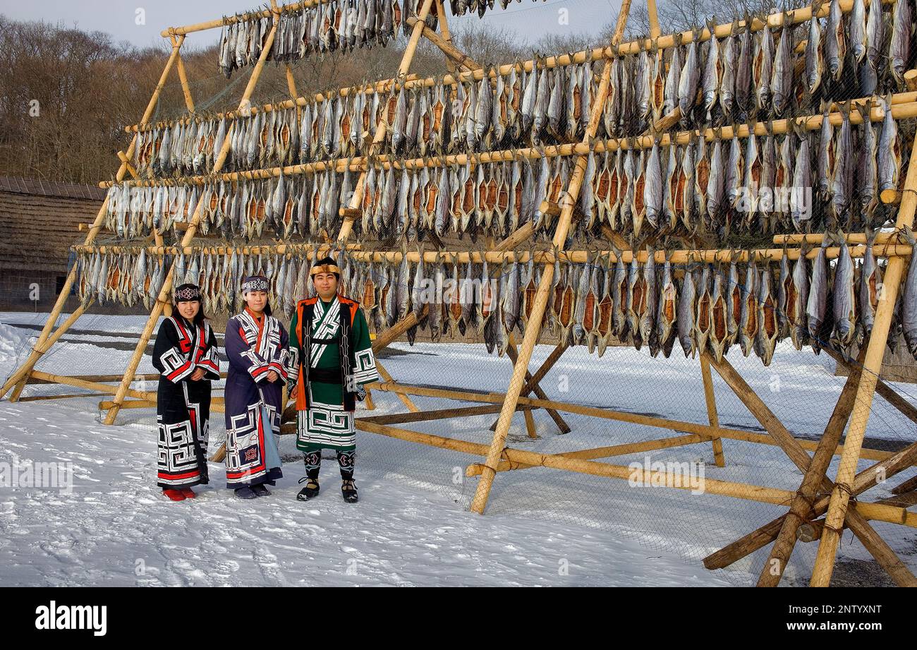 Ainu Leute in Ainu Dorfmuseum, Shiraoi Poroto Kotan, Shiraoi, Hokkaido, Japan Stockfoto