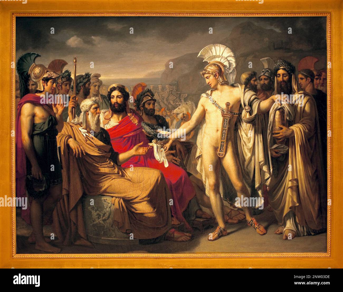 Beerdigungsspiele für Nestor während des Trojanischen Krieges - 'Achille presente le prix de la sagesse a Nestor Pendant les jeux d'Obseques' (Les jeux d'Obseques se disent aussi les jeux funebres) : Agamemnon Presenter le prix de la funesse a Nestor Pendebres jeux les fundebres. Achille donnant a Nestor le prix de la sagesse. Peinture de joseph Desire Court (1796-1865), Huile sur toile, Art francais 19eme siecle. Musée des Beaux Arts de Rouen. Stockfoto