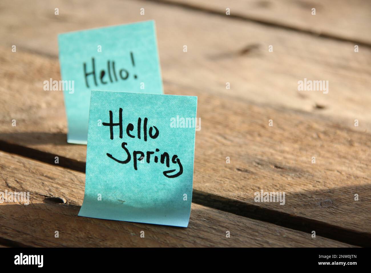 Hallo Frühlingskonzept! Die Inschrift auf dem blauen Schild. Stockfoto