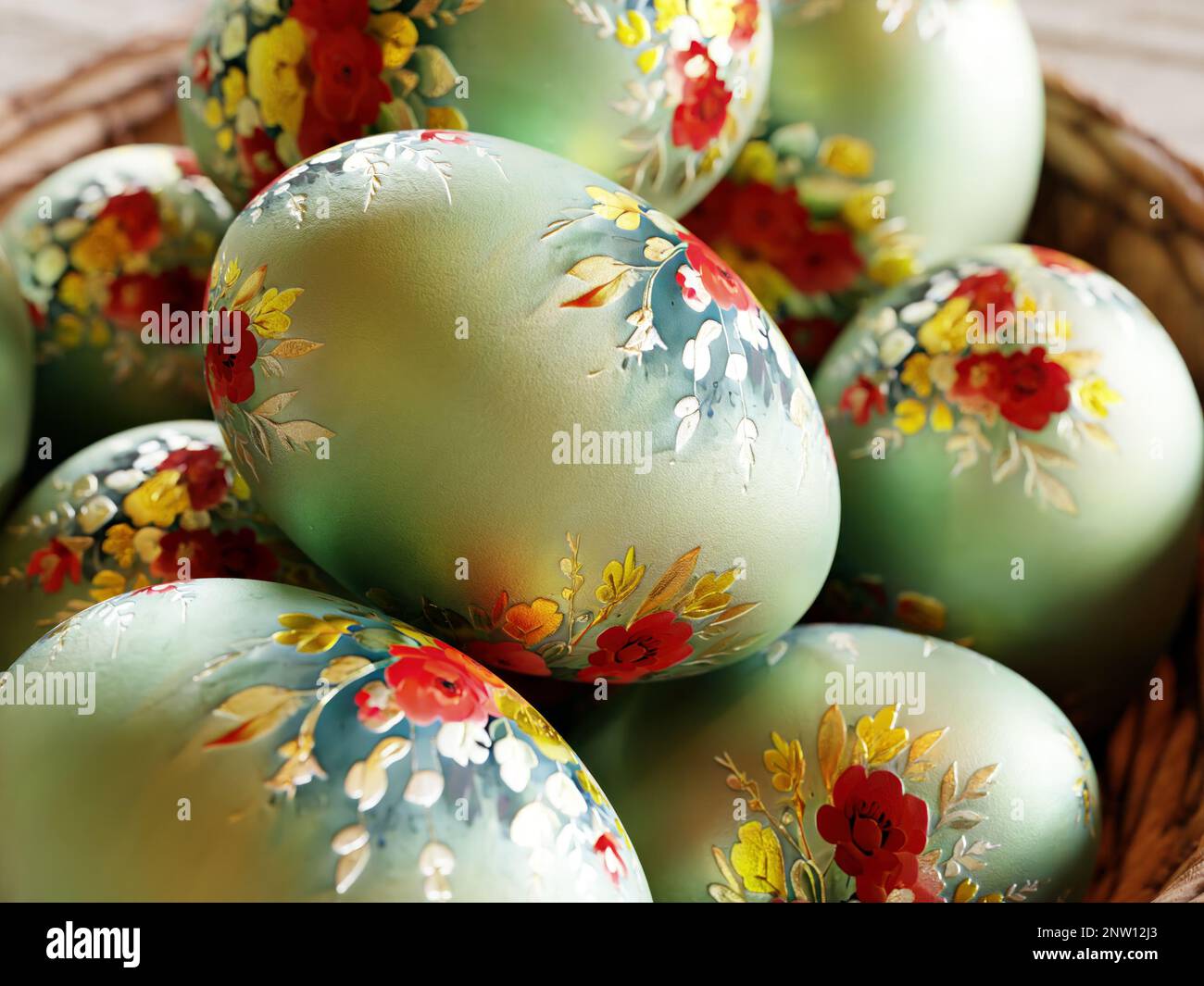 3D-Darstellung bemalter ostereier mit Blumenmuster im Korb Stockfoto