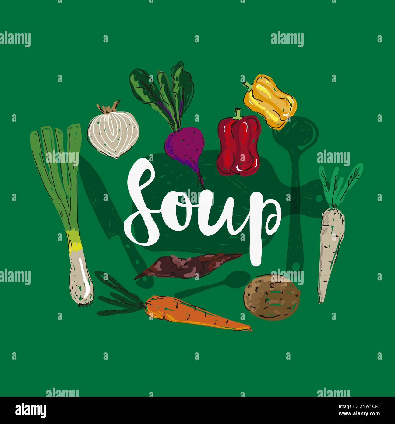 Frische Zutaten für vegetarische Speisen. Suppe in einem Topf mit Kartoffeln, Rüben, Paprika, Lauch, Zwiebeln und Karotten in Doodle-Style-Vektor-Illustraten Stock Vektor