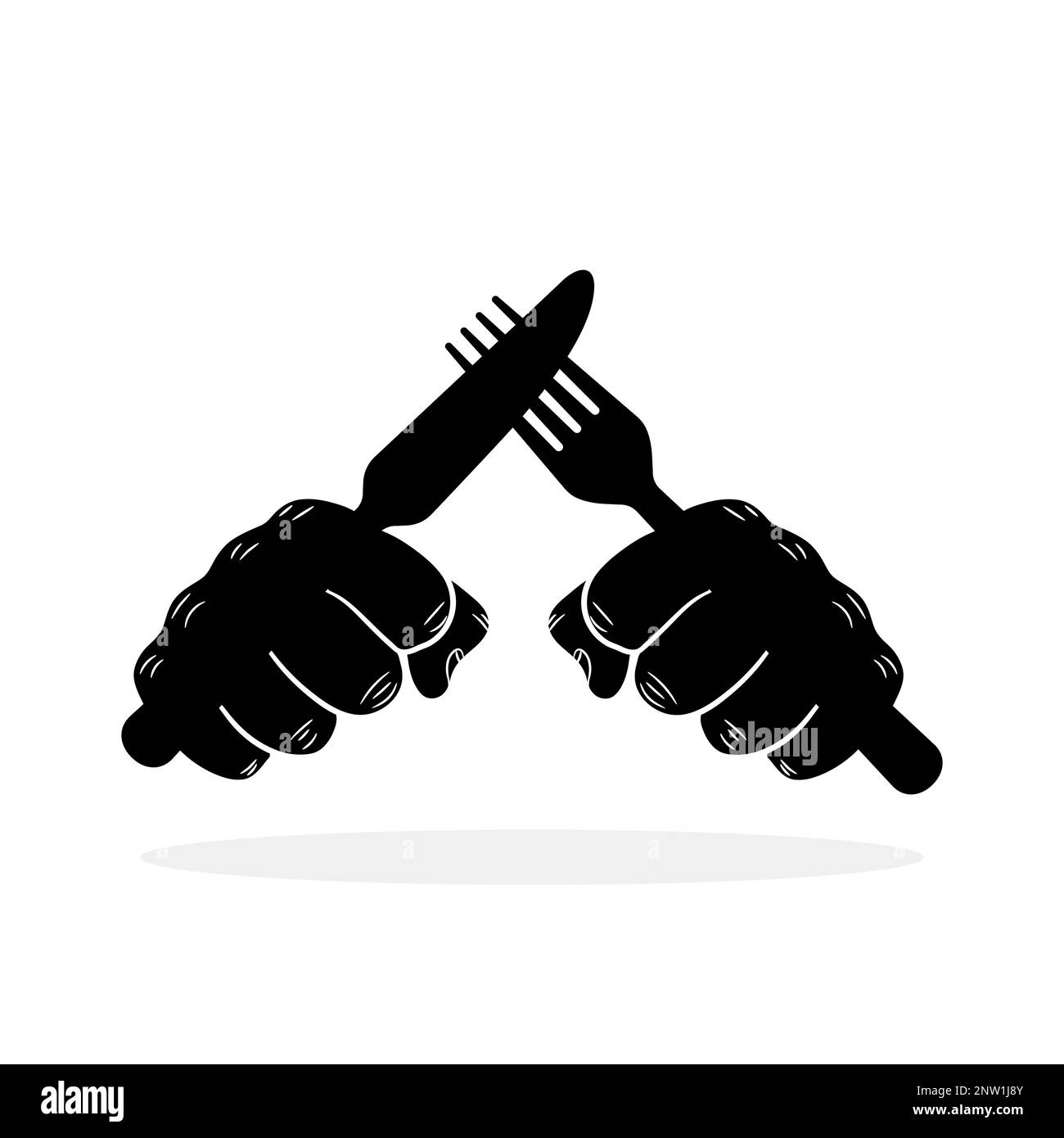 Faust mit Gabel und Messer. Hände halten Besteck. Hand mit Besteck. Abstraktes Logo-Design. Vektordarstellung. Stock Vektor