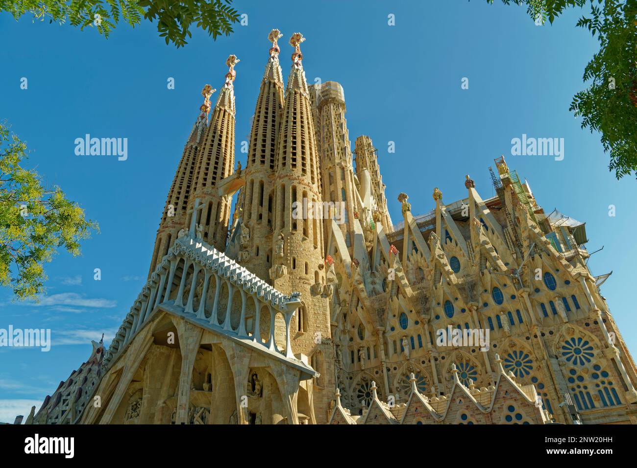 Die Südwand der Sagrada Familia, Basílica de la Sagrada Familia, entworfen von Antoni Gaudi in Barcelona, Spanien. Stockfoto