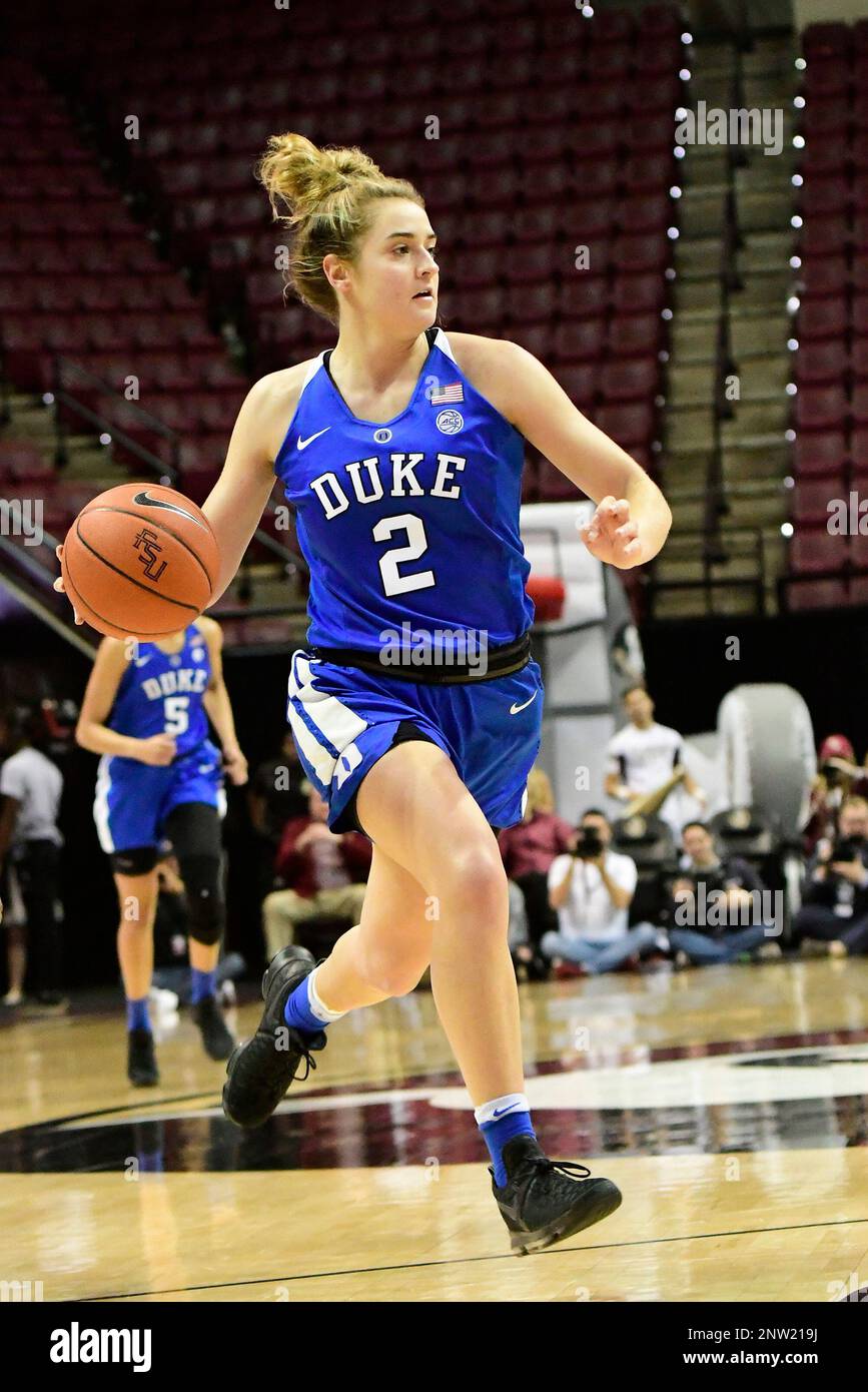TALLAHASSEE, FL - JANUARY 20: Haley Gorecki (2) guard Duke University Blue Devils dribbles the basketball in the Atlantic Coast Conference (ACC) match-up against the Florida State (FSU) Seminoles, Sunday, January 20, 2019, at Donald Tucker Center in Tallahassee, Florida. (Photo by David Allio/Icon Sportswire) (Icon Sportswire via AP Images) Stockfoto