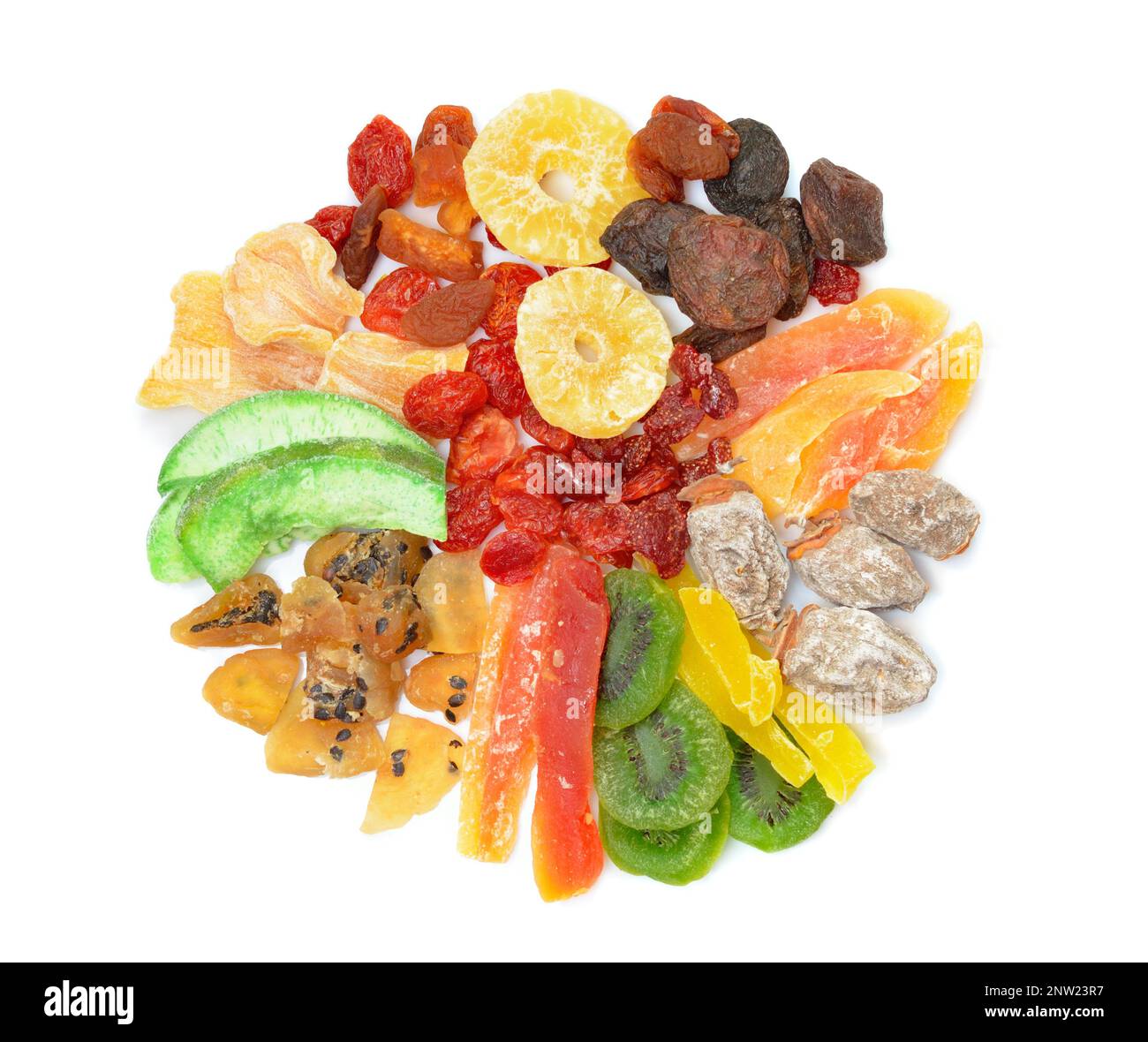 Trockenobstmischung. Es hat die Form eines Kreises. Isoliert auf weißem Hintergrund Stockfoto
