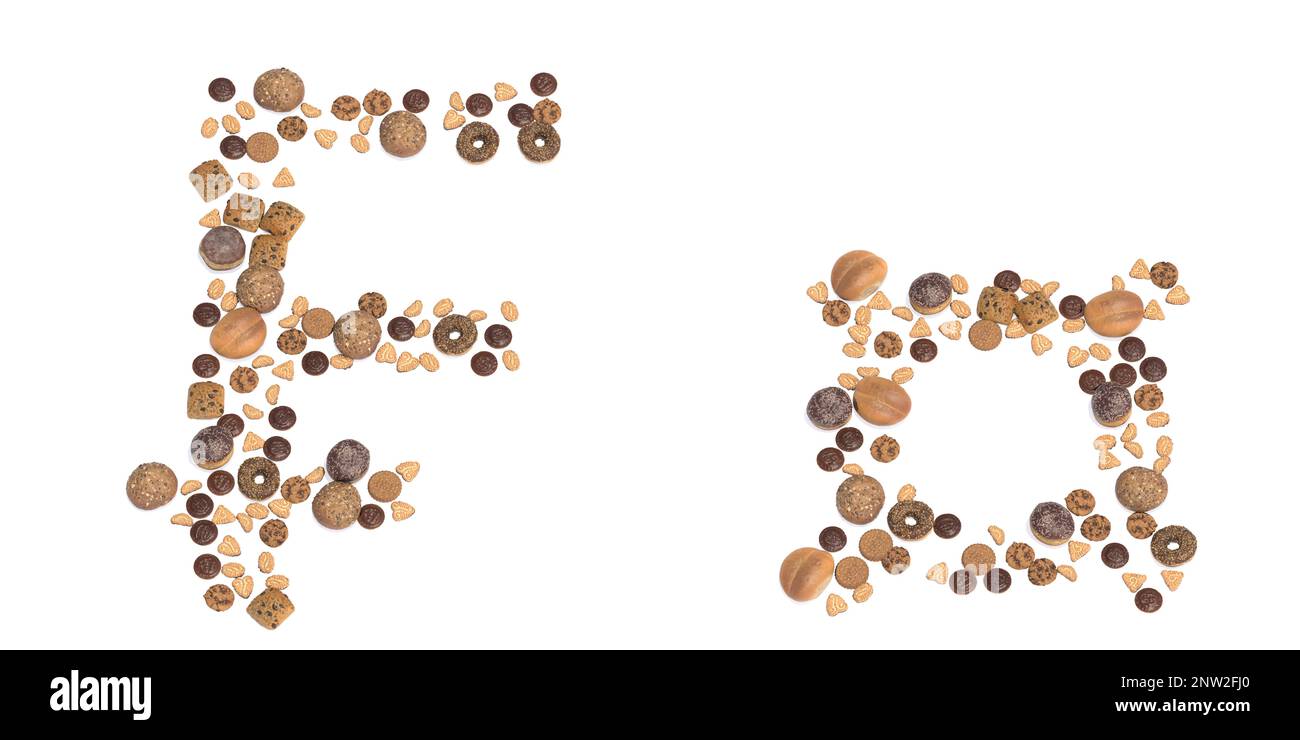 Konzept oder konzeptionelle Zusammenstellung von Gebäck köstliche Produkte, die die französischen Franc- und ¤-Zeichen bilden.3D Illustration Metapher für Bildung, Schule, Landwirtschaft Stockfoto