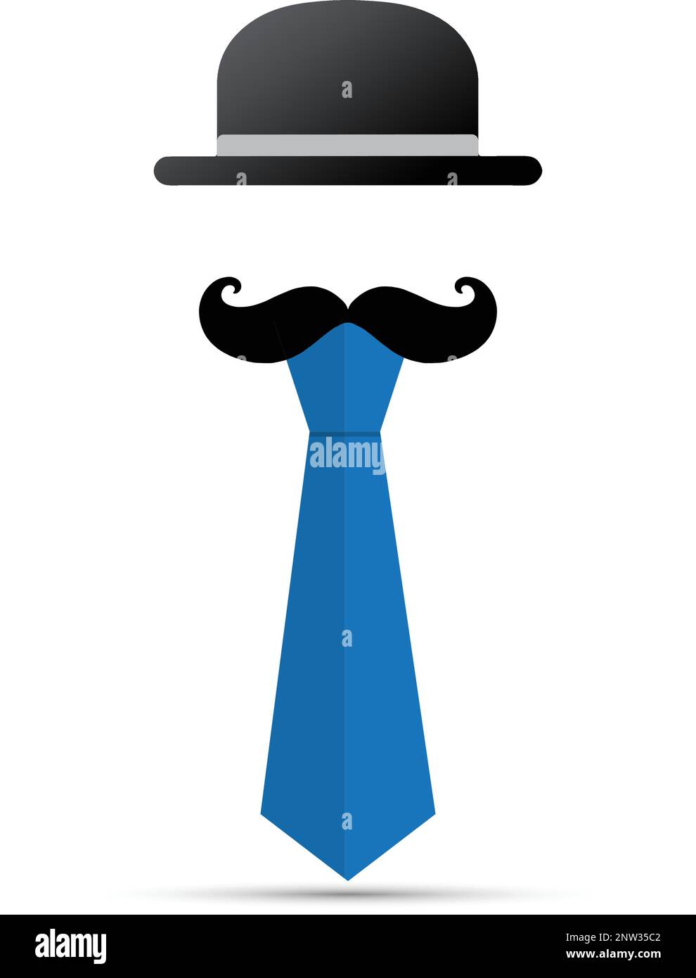 Schwarzer Schnurrbart, Hut und blaue Krawatte auf weißem Hintergrund Stock Vektor