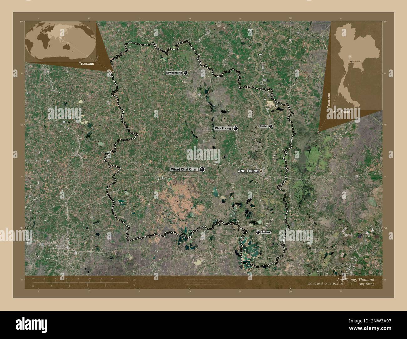 Ang Thong, Provinz Thailand. Satellitenkarte mit niedriger Auflösung. Standorte und Namen der wichtigsten Städte der Region. Eckkarten für zusätzliche Standorte Stockfoto