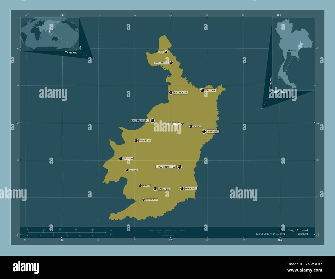 Buri RAM, Provinz Thailand. Durchgehende Farbform. Standorte und Namen der wichtigsten Städte der Region. Eckkarten für zusätzliche Standorte Stockfoto