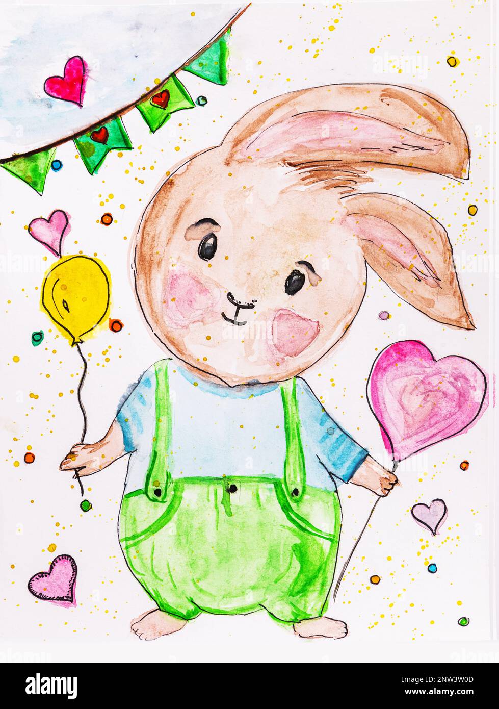 Aquarelle-Aquarelle-Aquarelle-Aquarelle-Gemälde von niedlichen Häschen auf Leinwand mit Liebesherzen, Spritzer und Ballon in der Hand Stockfoto