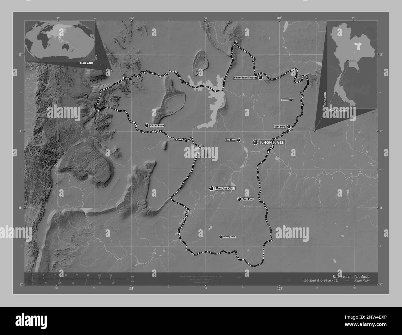 Khon Kaen, Provinz Thailand. Grauskala-Höhenkarte mit Seen und Flüssen. Standorte und Namen der wichtigsten Städte der Region. Ecken-Zusatzgerät, niedrig Stockfoto