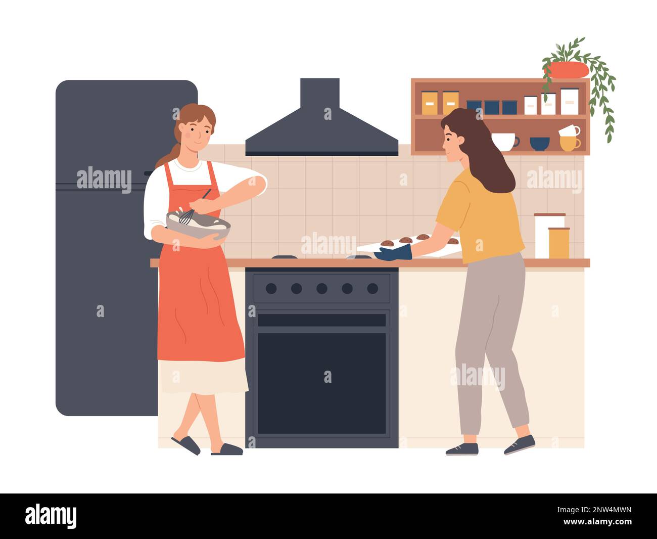Die Leute kochen zu Hause, die Frau in der Küche Stock Vektor