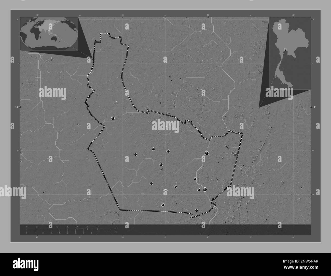 Nonthaburi, Provinz Thailand. Bilevel-Höhenkarte mit Seen und Flüssen. Standorte der wichtigsten Städte der Region. Eckkarten für zusätzliche Standorte Stockfoto