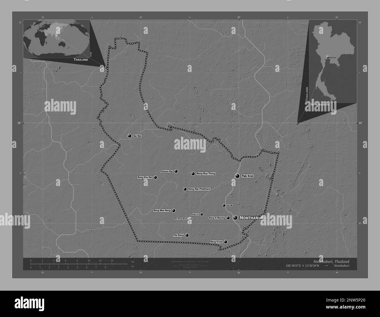 Nonthaburi, Provinz Thailand. Bilevel-Höhenkarte mit Seen und Flüssen. Standorte und Namen der wichtigsten Städte der Region. Ecke Zusatzanschluss Stockfoto