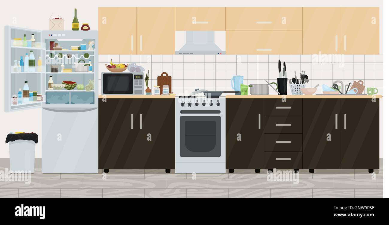 Unordentliche Raumaufstellung mit Blick auf das Innere der Küche mit offenem Kühlschrank und schmutzigem Kochgeschirr Vektorbild Stock Vektor