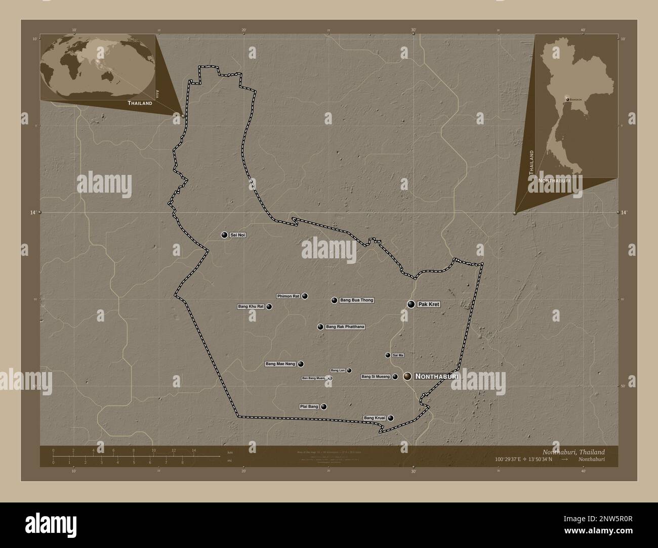 Nonthaburi, Provinz Thailand. Höhenplan in Sepia-Tönen mit Seen und Flüssen. Standorte und Namen der wichtigsten Städte der Region. Corne Stockfoto