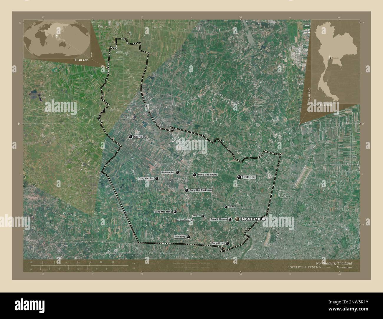 Nonthaburi, Provinz Thailand. Hochauflösende Satellitenkarte. Standorte und Namen der wichtigsten Städte der Region. Eckkarten für zusätzliche Standorte Stockfoto