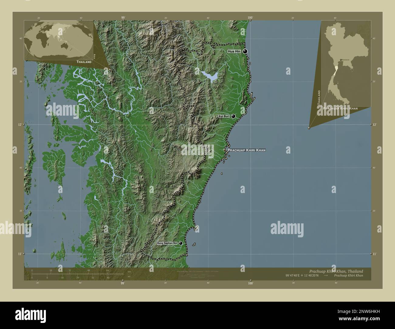 Prachuap Khiri Khan, Provinz Thailand. Höhenkarte im Wiki-Stil mit Seen und Flüssen. Standorte und Namen der Großstädte des Registers Stockfoto