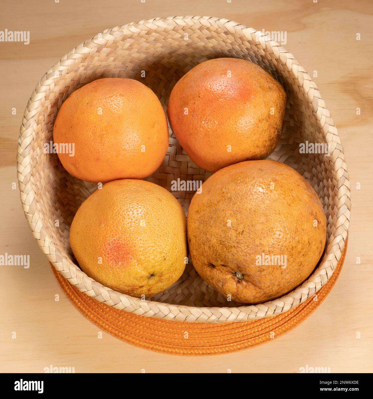 Vier frische Orangen sind in einem runden geflochtenen Korb auf einer hellen Holzoberfläche angeordnet. Stockfoto