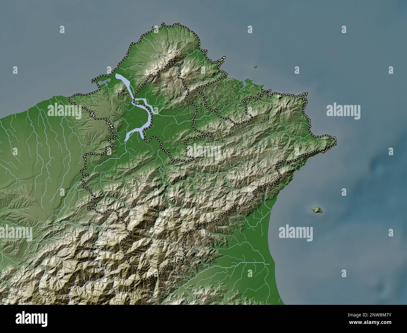 New Taipei City, Sondergemeinde Taiwan. Höhenkarte im Wiki-Stil mit Seen und Flüssen Stockfoto