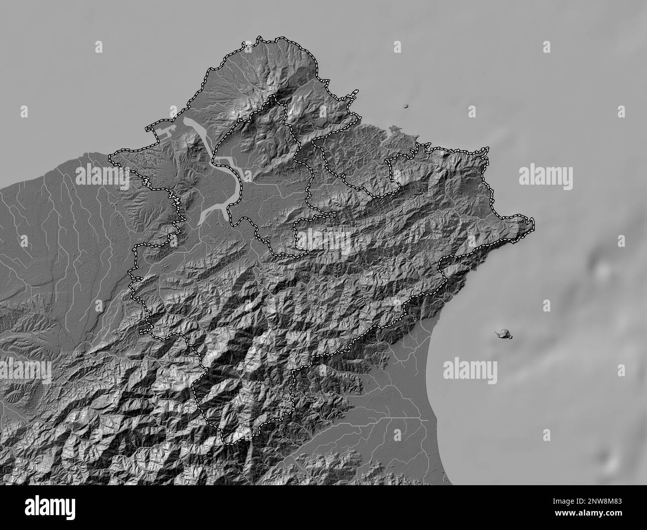 New Taipei City, Sondergemeinde Taiwan. Bilevel-Höhenkarte mit Seen und Flüssen Stockfoto