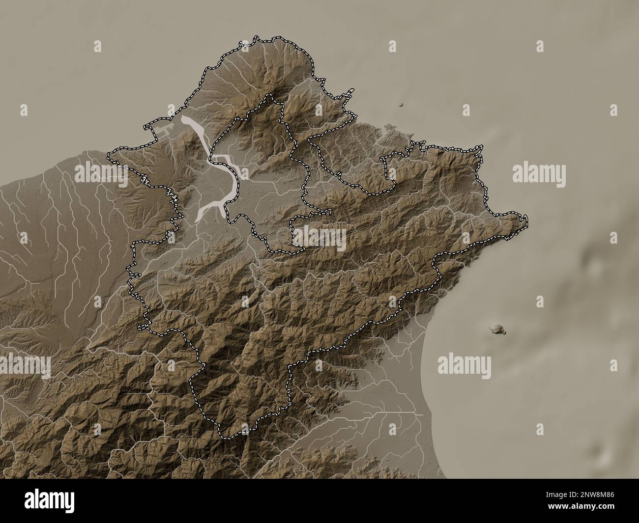 New Taipei City, Sondergemeinde Taiwan. Höhenplan in Sepia-Tönen mit Seen und Flüssen Stockfoto