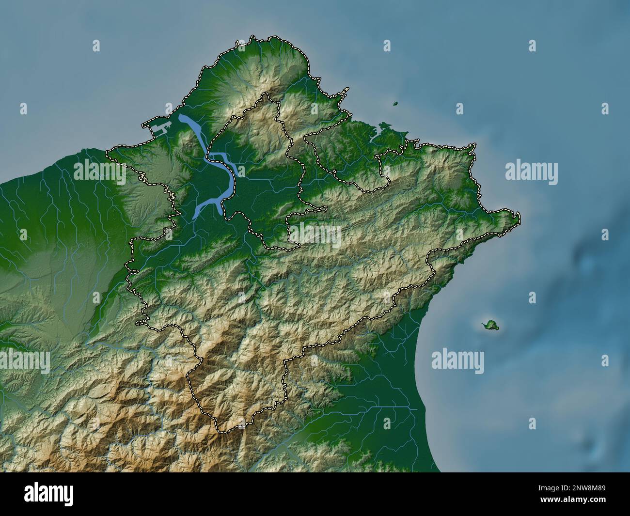 New Taipei City, Sondergemeinde Taiwan. Farbige Höhenkarte mit Seen und Flüssen Stockfoto