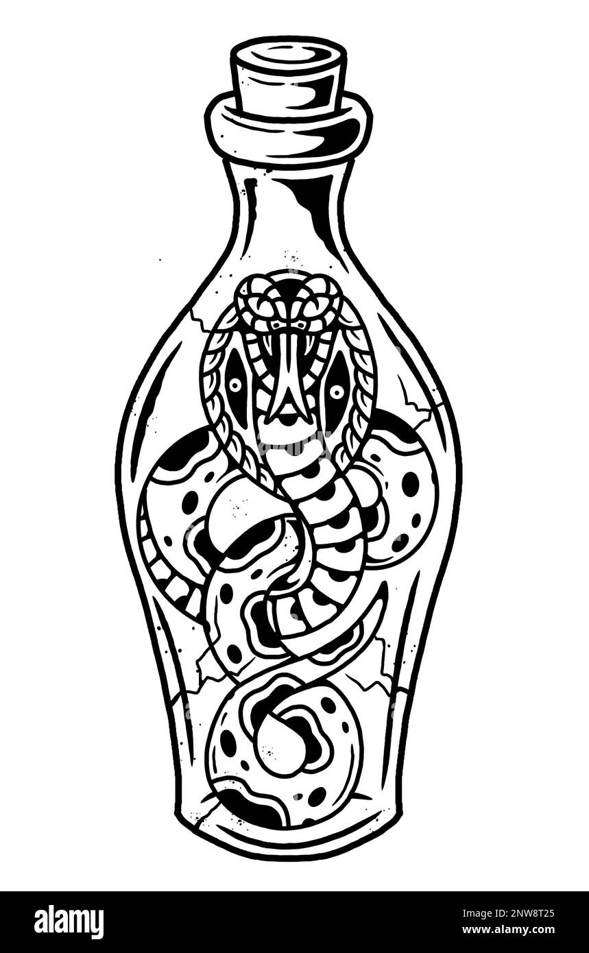 Eine Schlange im klassischen Tattoo-Stil mit coolem Grafikdesign und einer schwarzen Umrandung in der Flasche Stockfoto