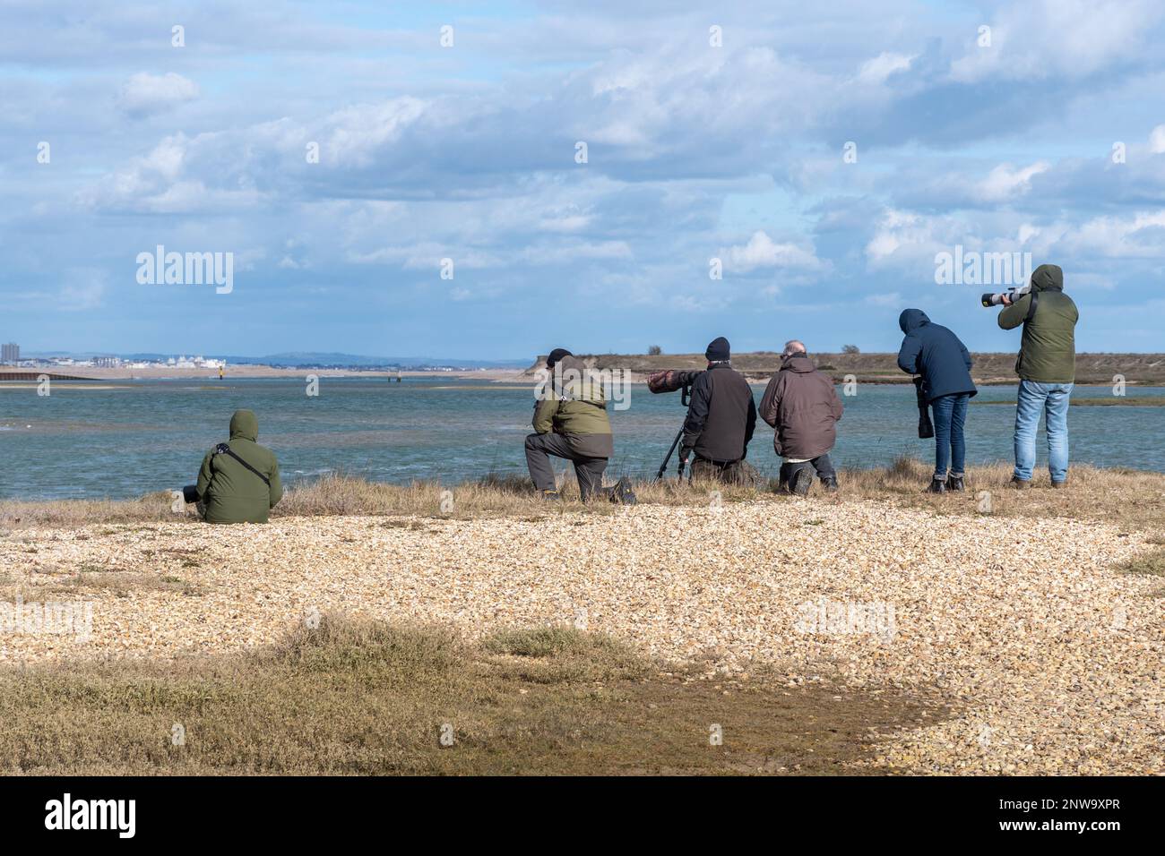 Vogelbeobachter und Naturfotografen, die Kameras mit langen Teleobjektiven im RSPB Pagham Harbour Nature Reserve, West Sussex, England, Großbritannien, verwenden Stockfoto