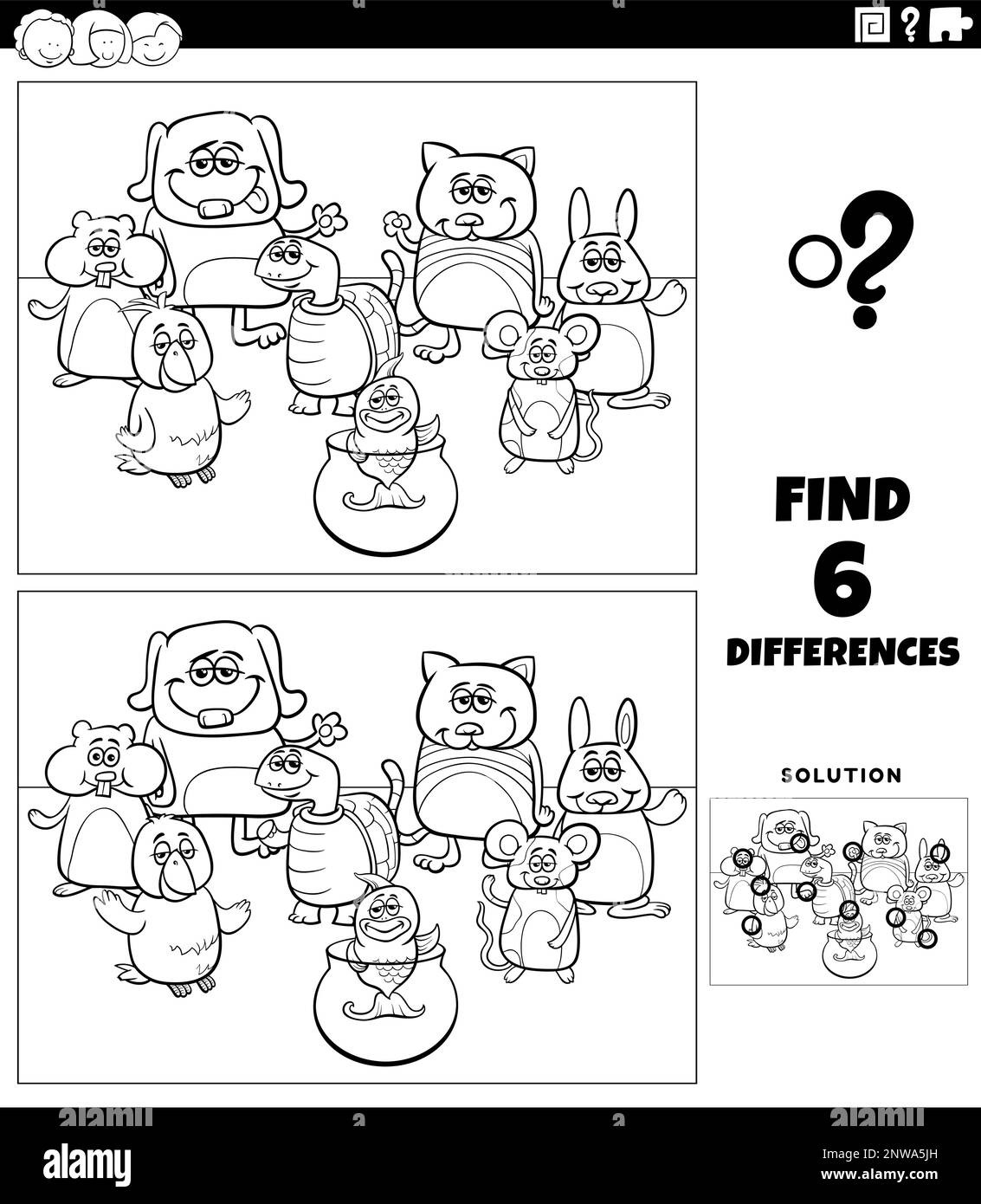 Schwarz-weiß-Cartoon-Darstellung der Unterschiede zwischen Bildern pädagogisches Spiel mit lustigen Haustieren Tierfiguren Gruppenfarbe Stock Vektor