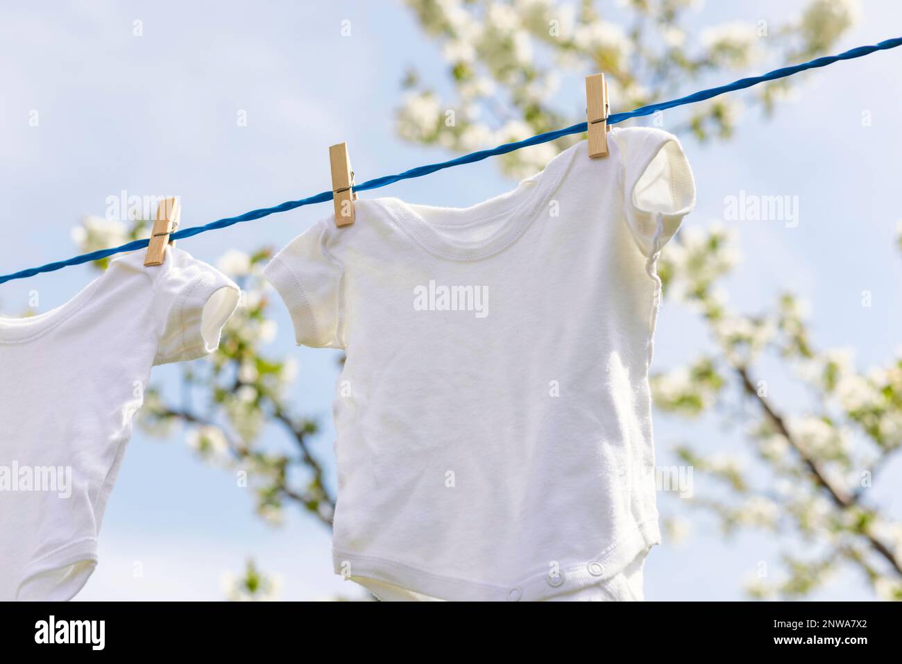 Kinderkleidung hängt an der Wäscheleine zwischen blühenden Apfelbäumen im Garten Stockfoto