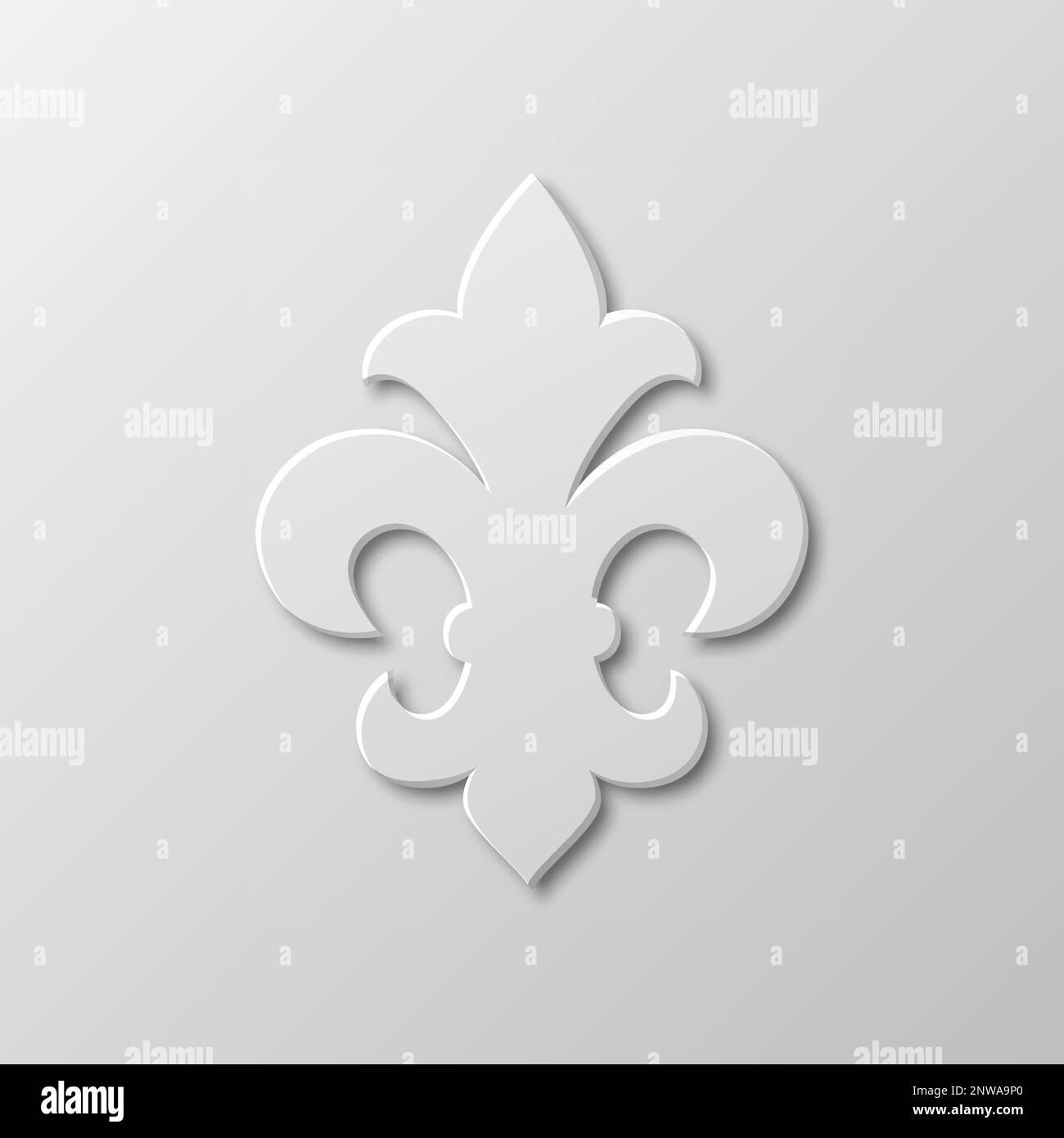 Vector Realistic Paper 3D Fleur De Lis Nahaufnahme auf weißem Hintergrund. Heraldisches Lily-Zeichen, Vektorbild Stock Vektor