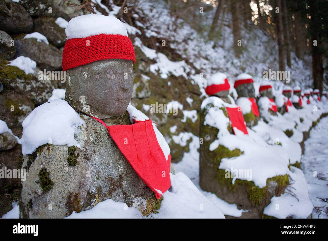 Narabijizo, Bakejizo, Jizo Steinstatuen, buddhistische Wächtergottheiten in Kanmangafuchi Abgrund, Nikko, Japan Stockfoto