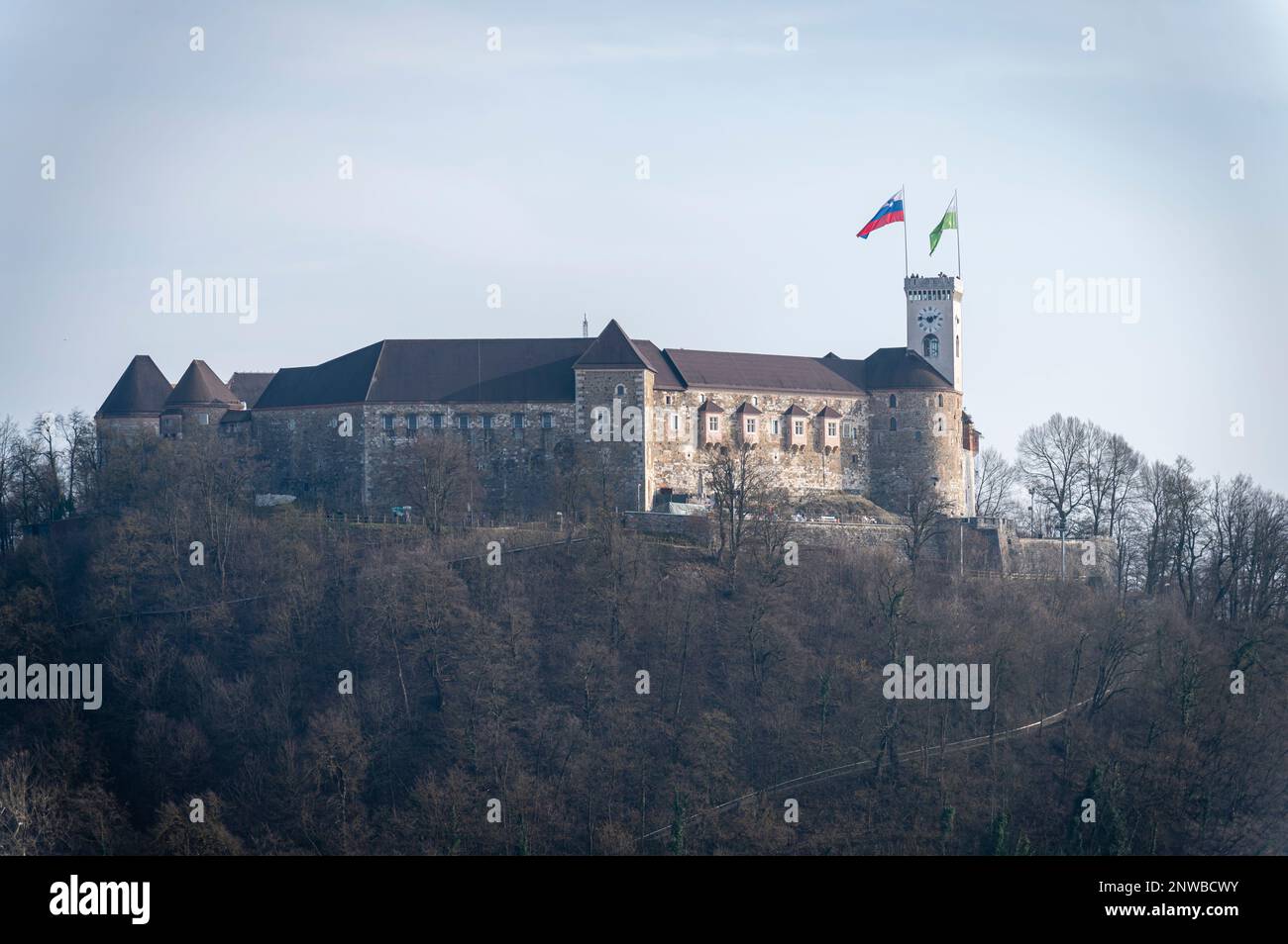 Schloss Ljubljana, Blick von Nebotičnik, Ljubljana, Slowenien Stockfoto