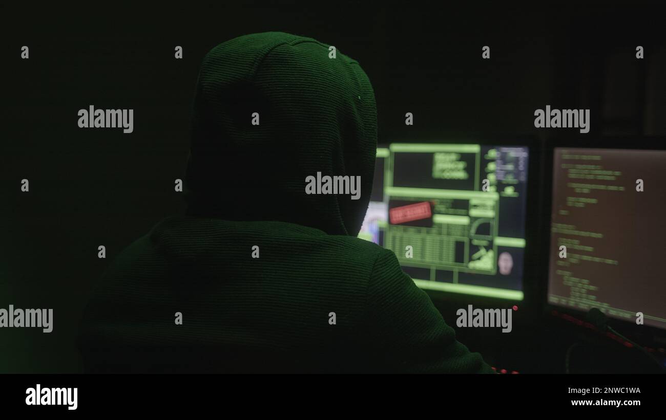 Hacker oder Programmierer mit Hoodie-Hacking in einem einsamen Raum mit grünen Lichtern, Aufnahme von hinten Stockfoto