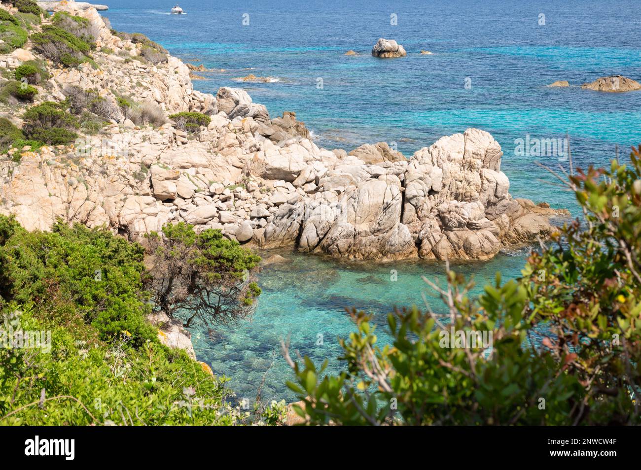 Vue sur une Belle Crique paradisiaque de Bonifacio, mer cristalline bleue, Maquis et rochers de Granit Stockfoto
