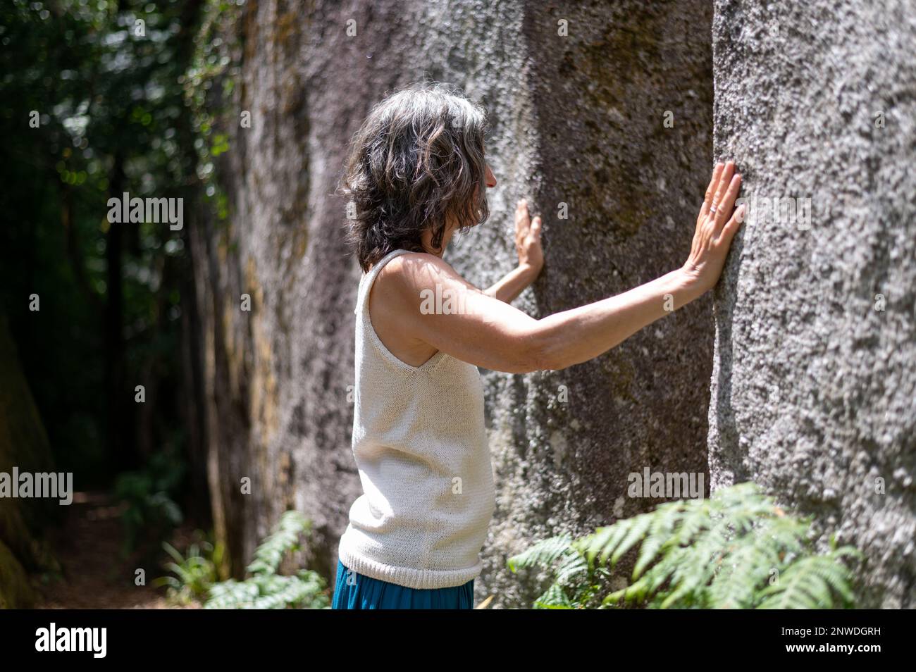 Femme énergéticienne qui ressent l'énergie des gros rochers de granit en posant ses mains dessus, forêt de Huelgoat, Bretagne, Frankreich Stockfoto
