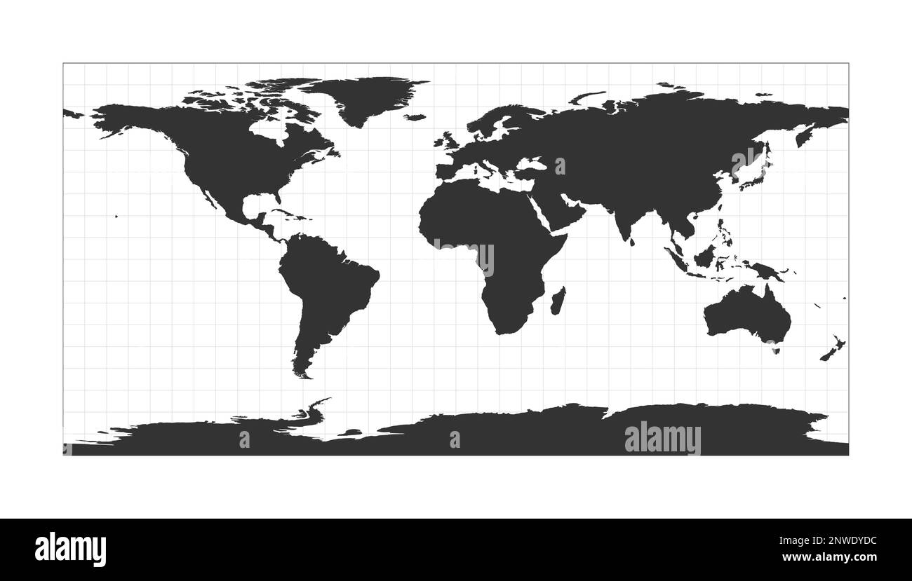 Weltkarte. Rechteckige (Platte Carree) Projektion. Globus mit Breiten- und Längengraden. Weltkarte über Meridiane und Parallelen im Hintergrund. V Stock Vektor