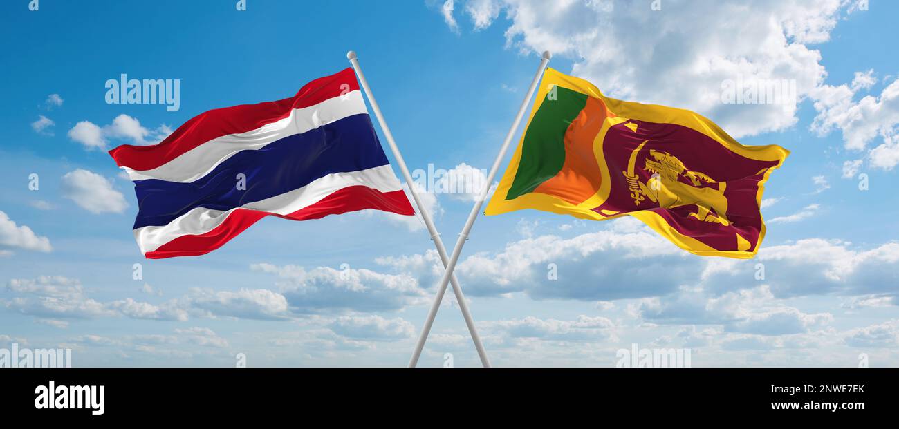 Zwei gekreuzte Flaggen Sri Lanka und Thailand, die im Wind am bewölkten Himmel winken. Beziehungskonzept, Dialog, Reisen zwischen zwei Ländern. abbildung 3D Stockfoto