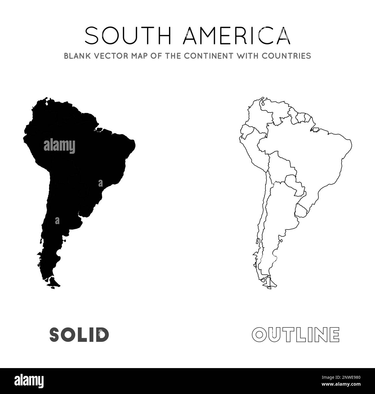 Karte Südamerika. Leere Vektorkarte des Kontinents mit Ländern. Borders of South America (Grenzen Südamerikas) für Ihre Infografik. Vektordarstellung. Stock Vektor