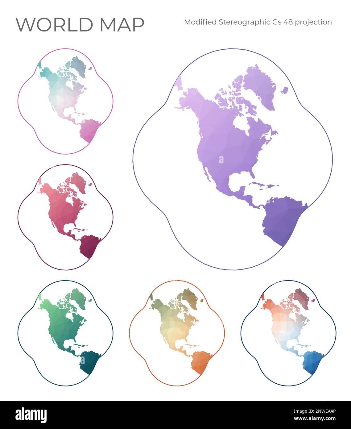 Niedrige Poly-Welt-Karte Eingestellt. Modifizierte stereographische Projektion für die konterminalen Vereinigten Staaten. Sammlung der Weltkarten im geometrischen Stil. Vektor Stock Vektor