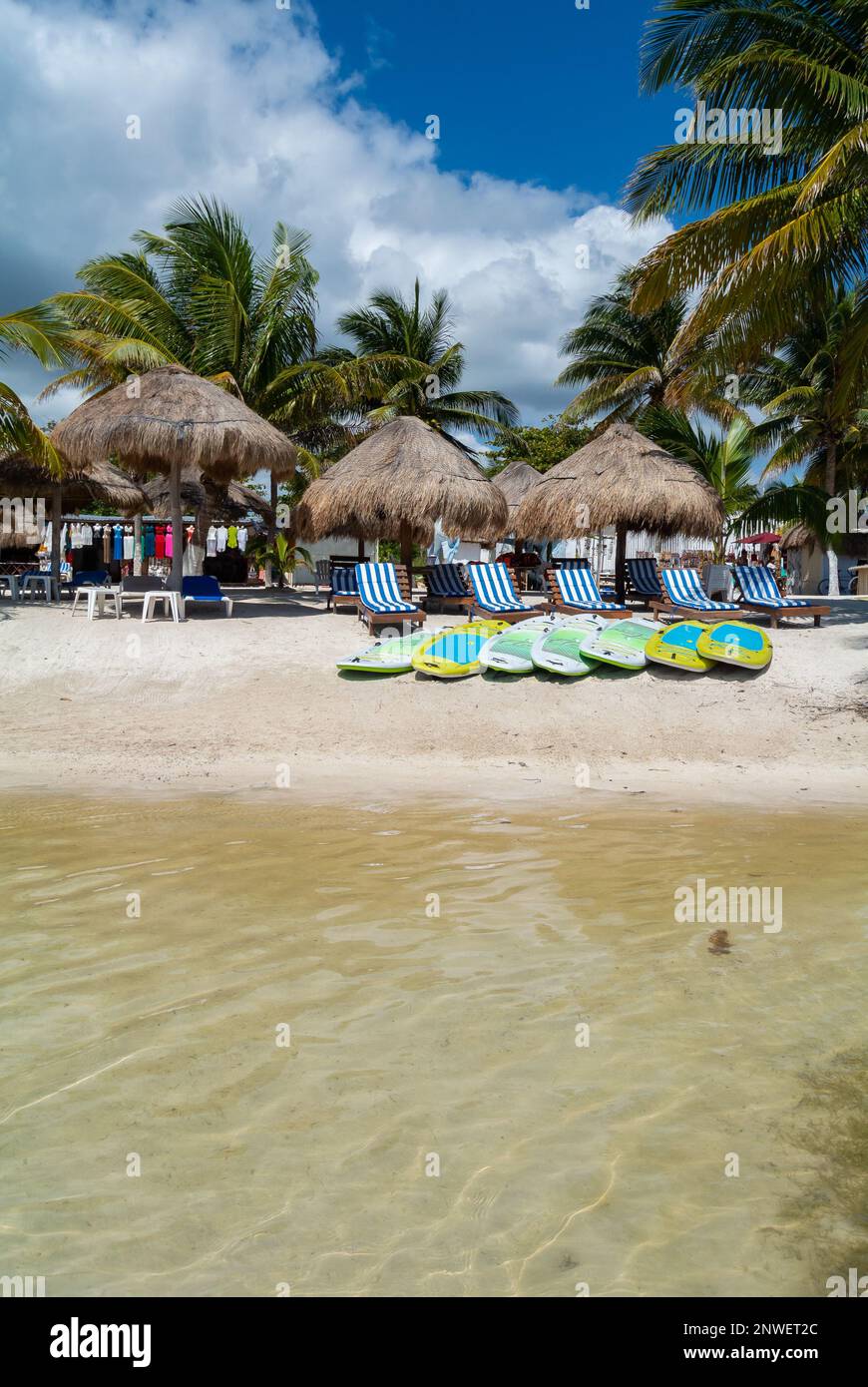 Mahahual, Quintana Roo, Mexiko, Beach Club mit langen Stühlen und Sonnenschirmen mit Palmen am Mahahual Strand Stockfoto