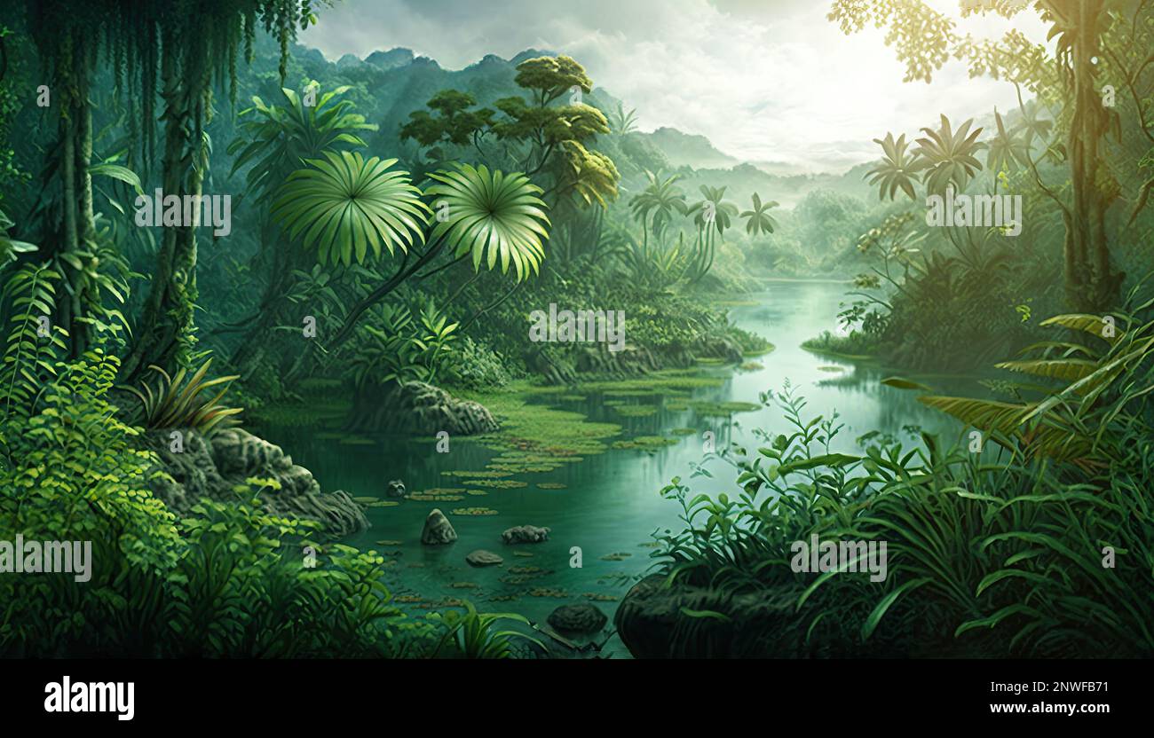 Tropische Regenwälder von 10.000 v. Chr. waren üppig und grün, mit hohen Bäumen und einer reichen Tierwelt. Unzählige Arten, von bunten Vögeln bis zu exotischen Stockfoto