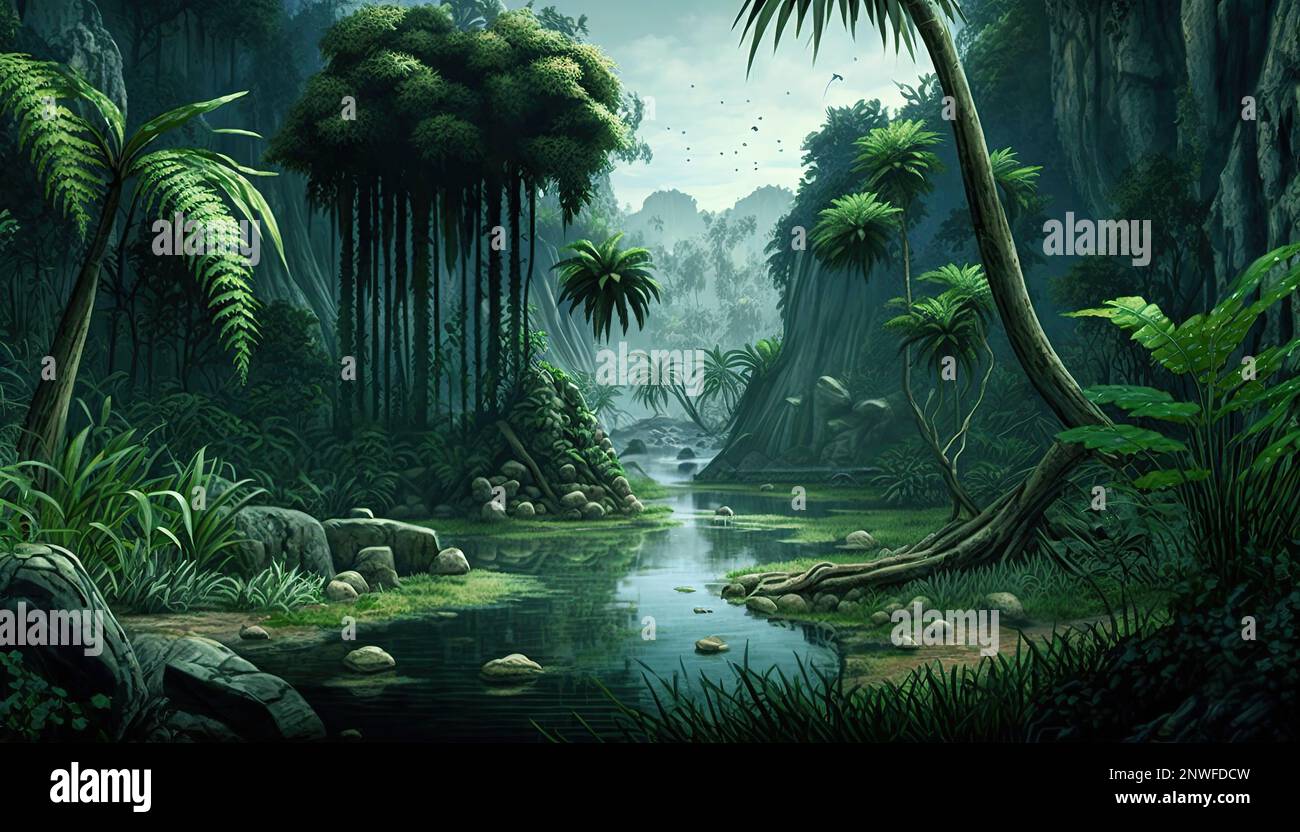 HINTERGRUND DES SPIELS: 10.000 v.Chr. Grünland war offen und rollend und beherbergte weidende Tiere und Raubtiere. Dieses Ökosystem war für das Überleben lebenswichtig und geformt Stockfoto