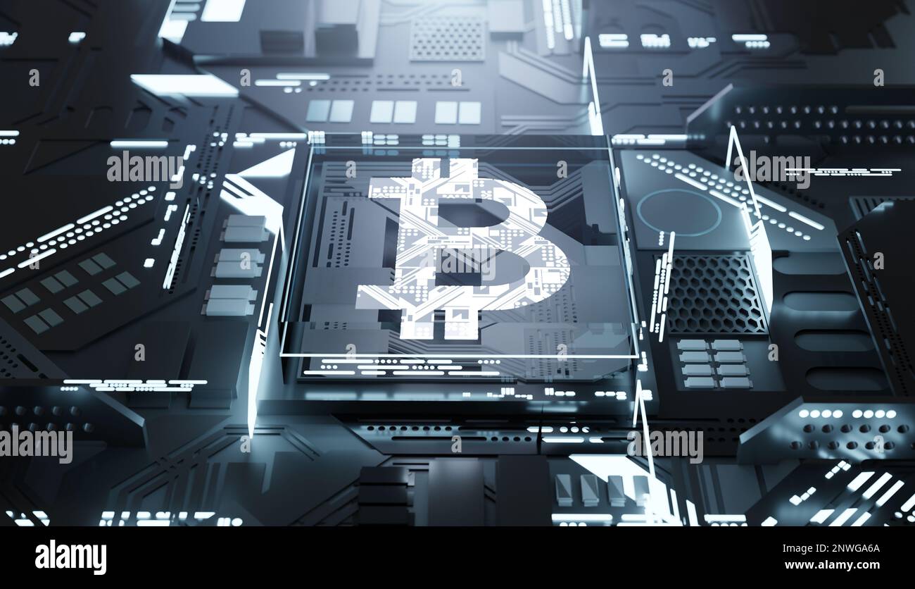 Bitcoin- und Kryptowährungs-Hardware-Technologie - digitaler Geldhintergrund. 3D Abbildung Stockfoto