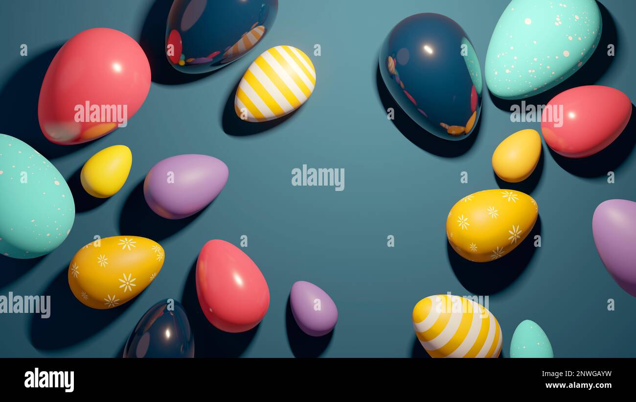 Eine große Gruppe von bunten Schokoladeneiern auf blauem Hintergrund. 3D Abbildung Stockfoto